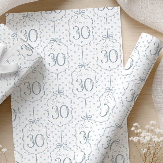 Personalised 30th Birthday Blue Floral Number Wrapping Paper