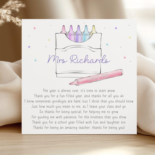 Personalised Teacher Crayons Thank You Card