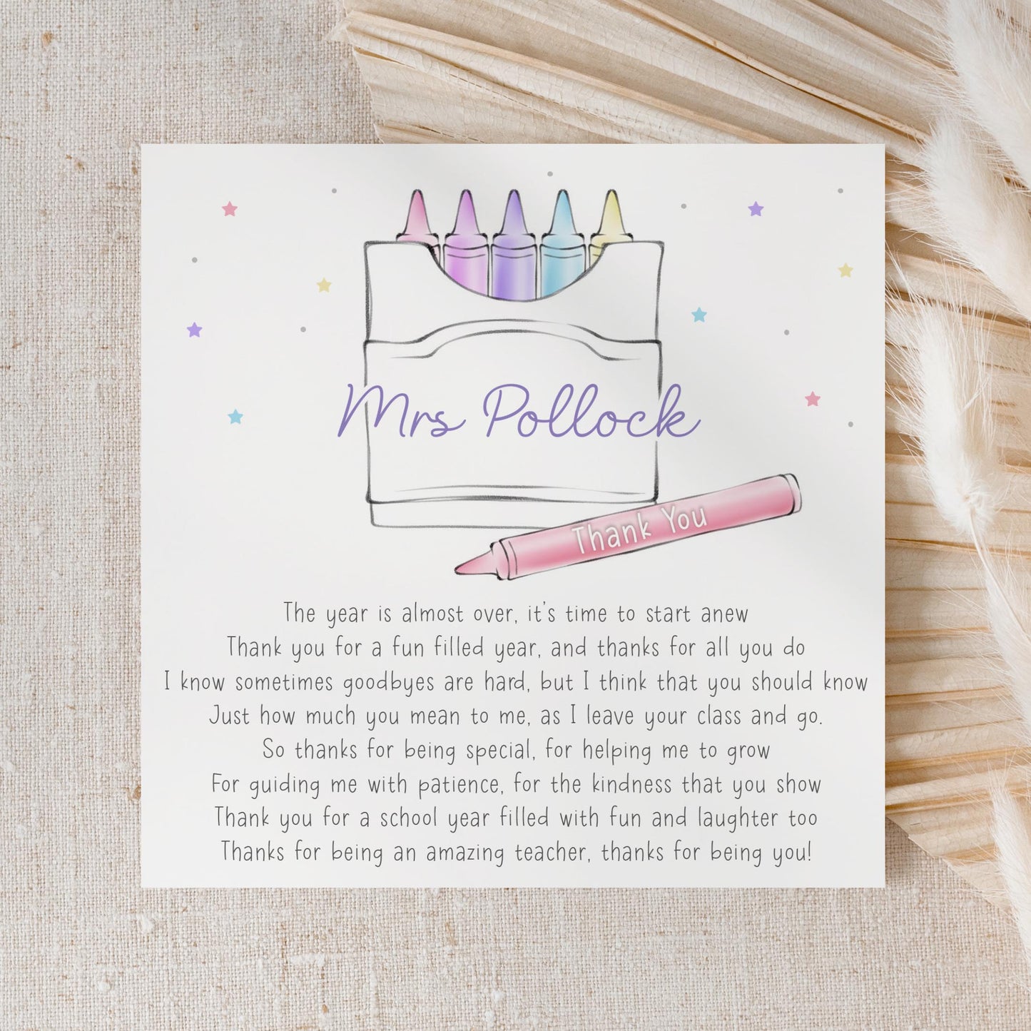 Personalised Teacher Crayons Thank You Card