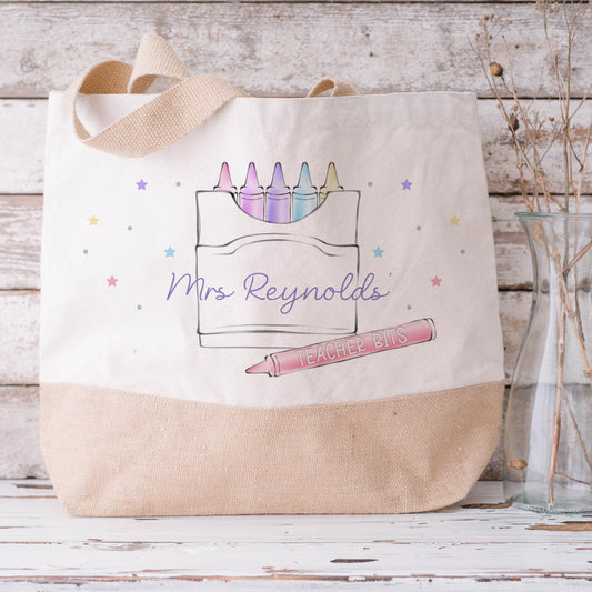 Personalised Teacher Crayons Jute Tote Bag