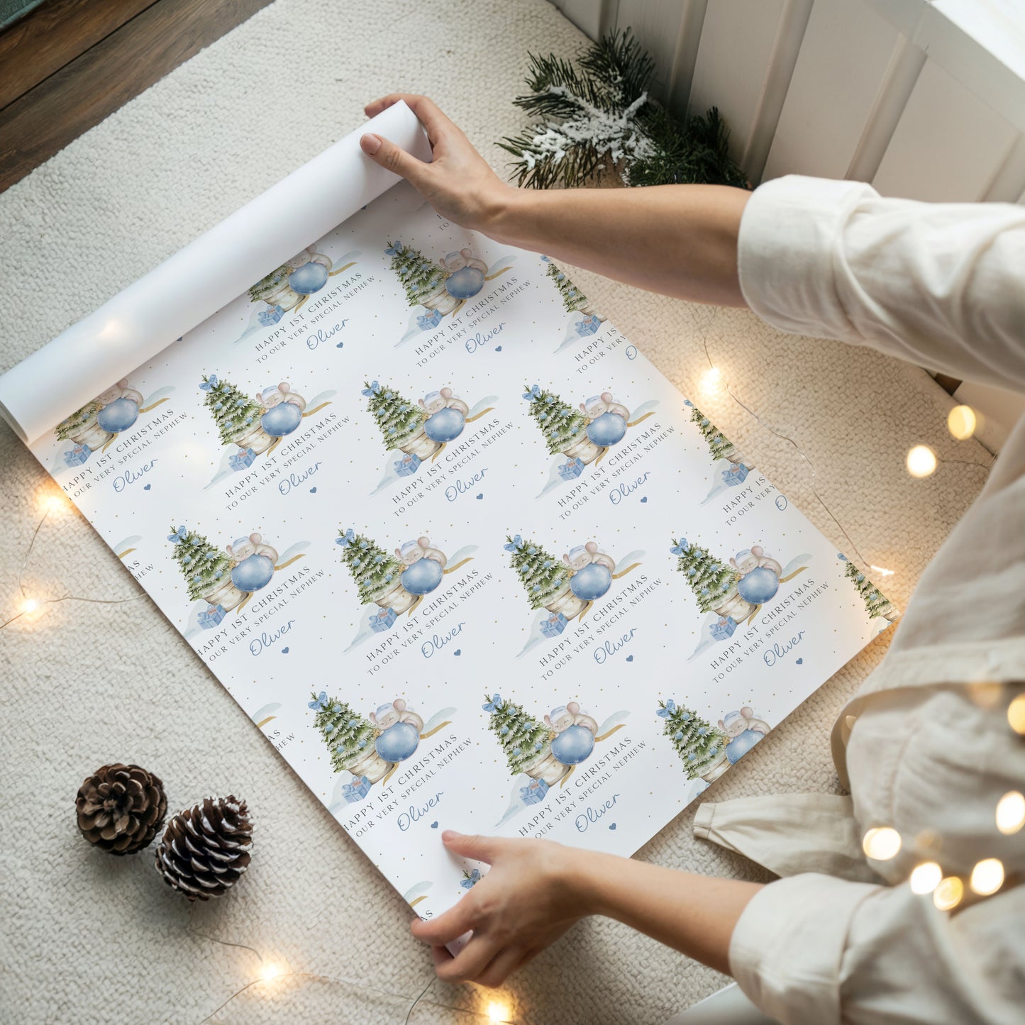 Personalised Boy's First Christmas Cute Mouse Gift Wrapping Paper