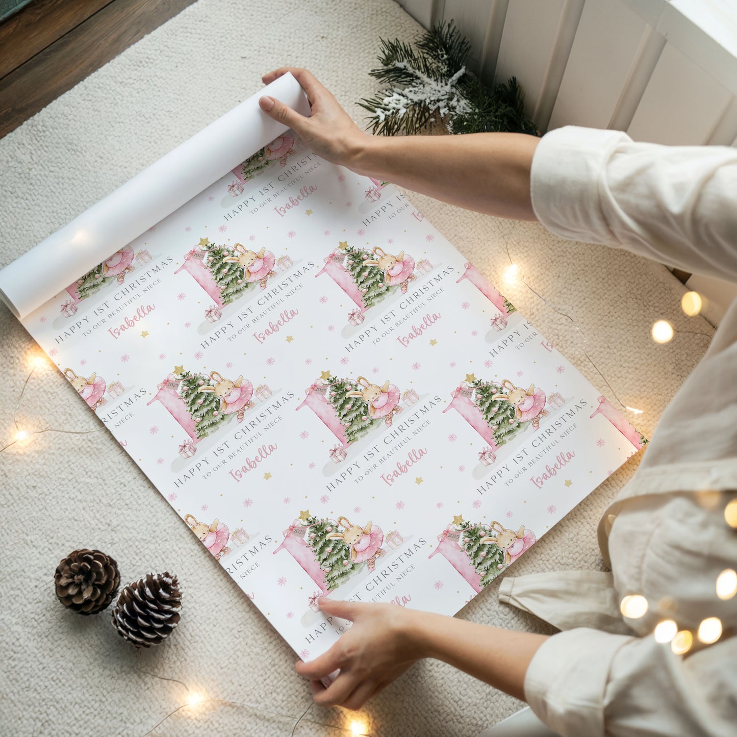 Personalised Girl's First Christmas Pink Gift Wrapping Paper