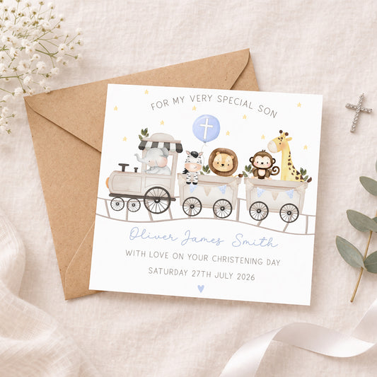 Personalised Safari Train Christening Baptism Card