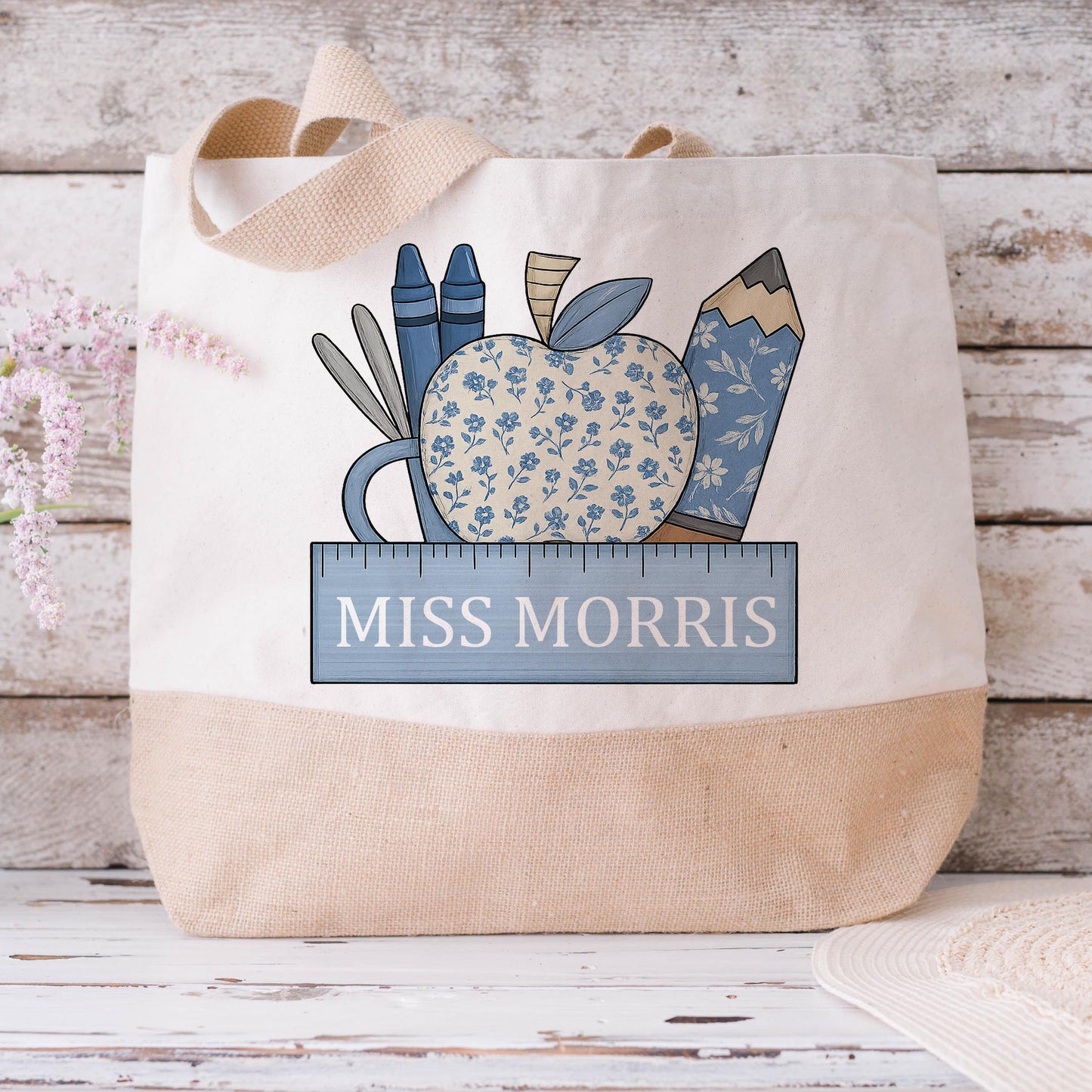 Personalised Teacher Blue Pencil Jute Tote Bag