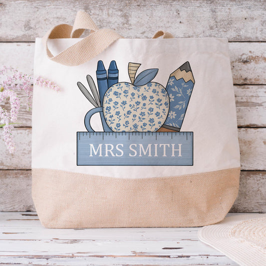 Personalised Teacher Blue Pencil Jute Tote Bag