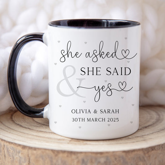 Set of Personalised 'He Asked, She Said Yes' Engagement Mugs