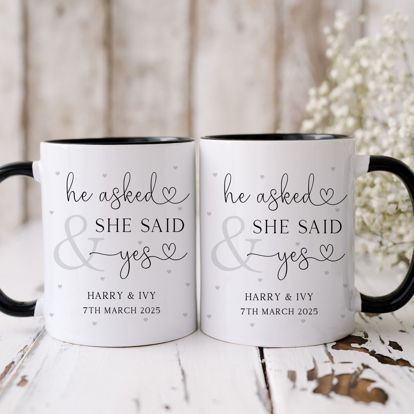 Set of Personalised 'He Asked, She Said Yes' Engagement Mugs