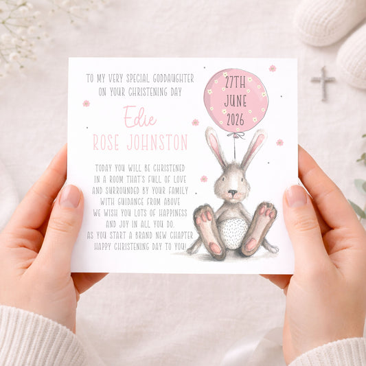 Personalised Girl's Bunny Christening Baptism Card