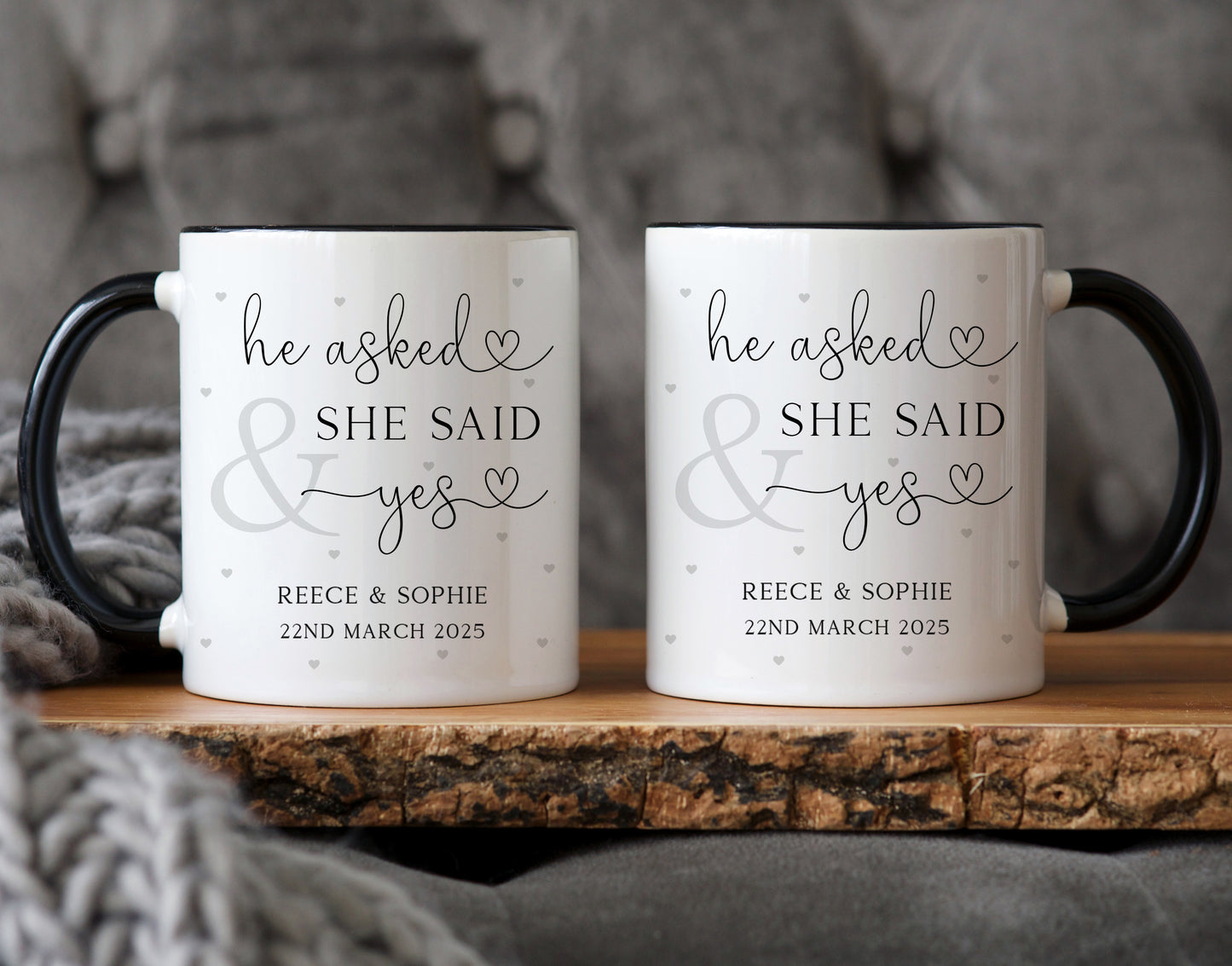 Set of Personalised 'He Asked, She Said Yes' Engagement Mugs