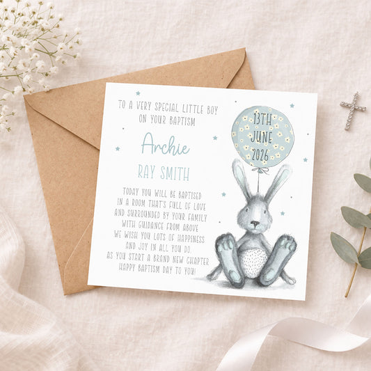 Personalised Boy's Blue Bunny Christening Baptism Day Card