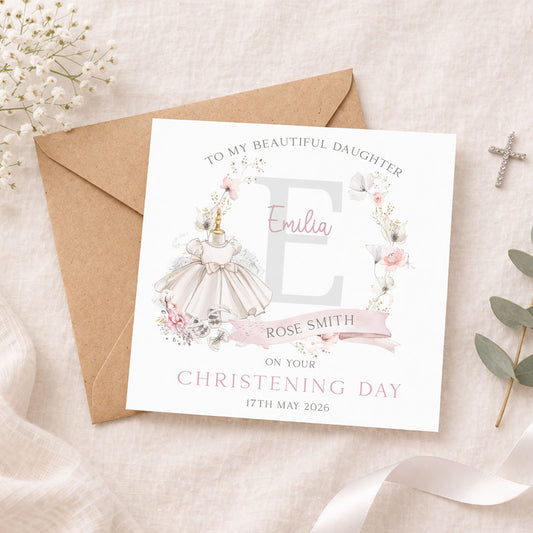 Personalised Girl's Floral Dress Christening Baptism Card