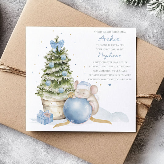 Personalised Baby Boy's Blue Mouse First Christmas Card