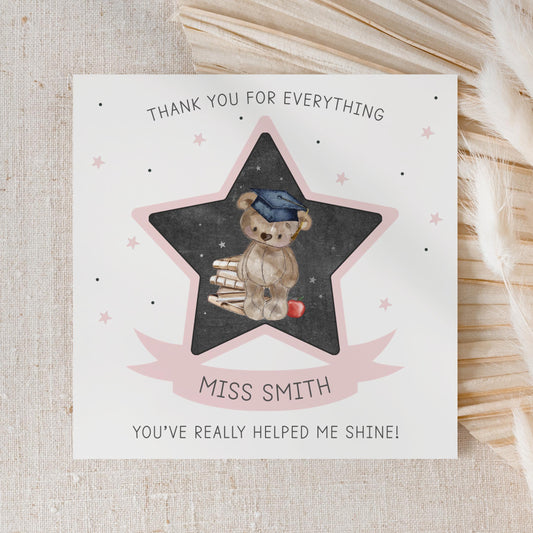 Personalised Pink Bear Star Teacher Thank You Card