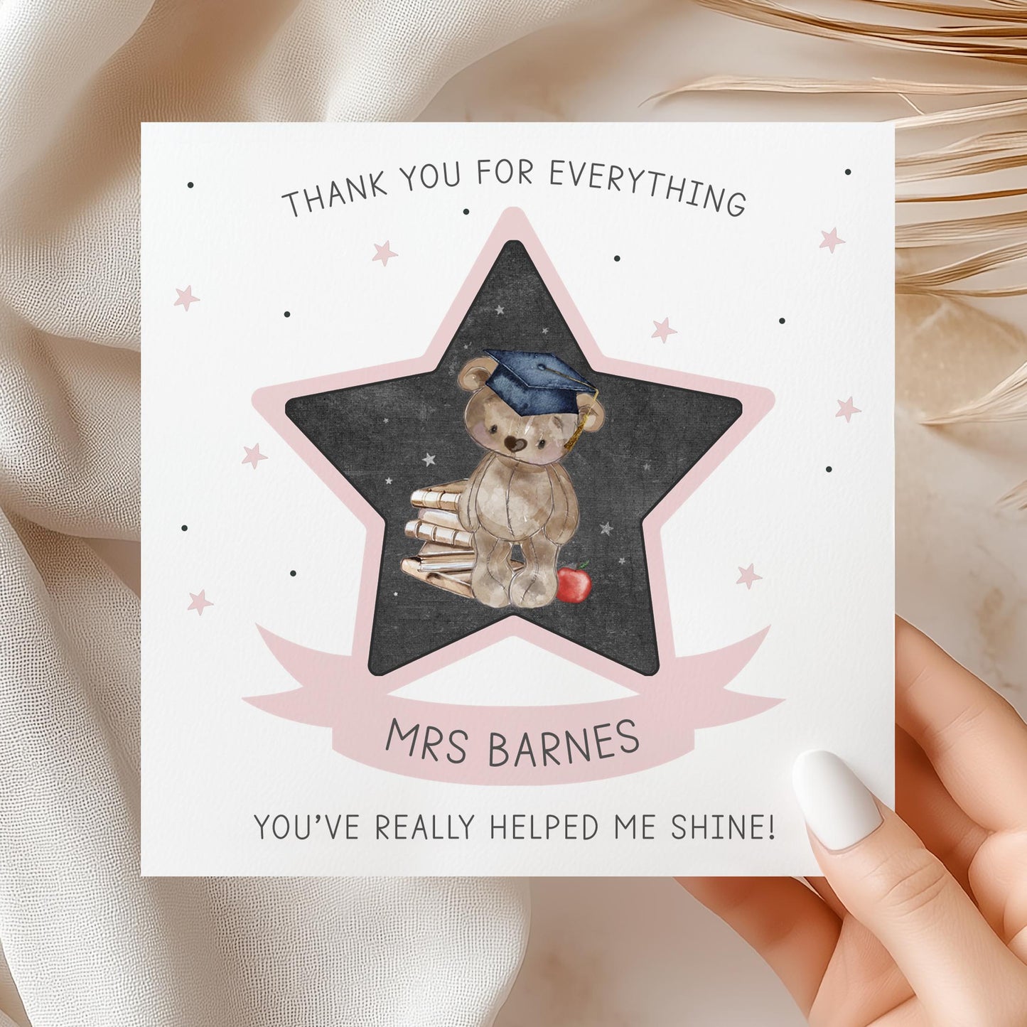 Personalised Pink Bear Star Teacher Thank You Card