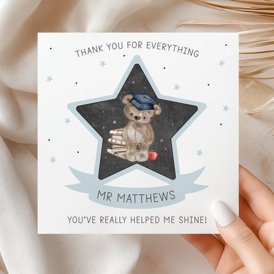 Personalised Blue Bear Star Teacher Thank You Card