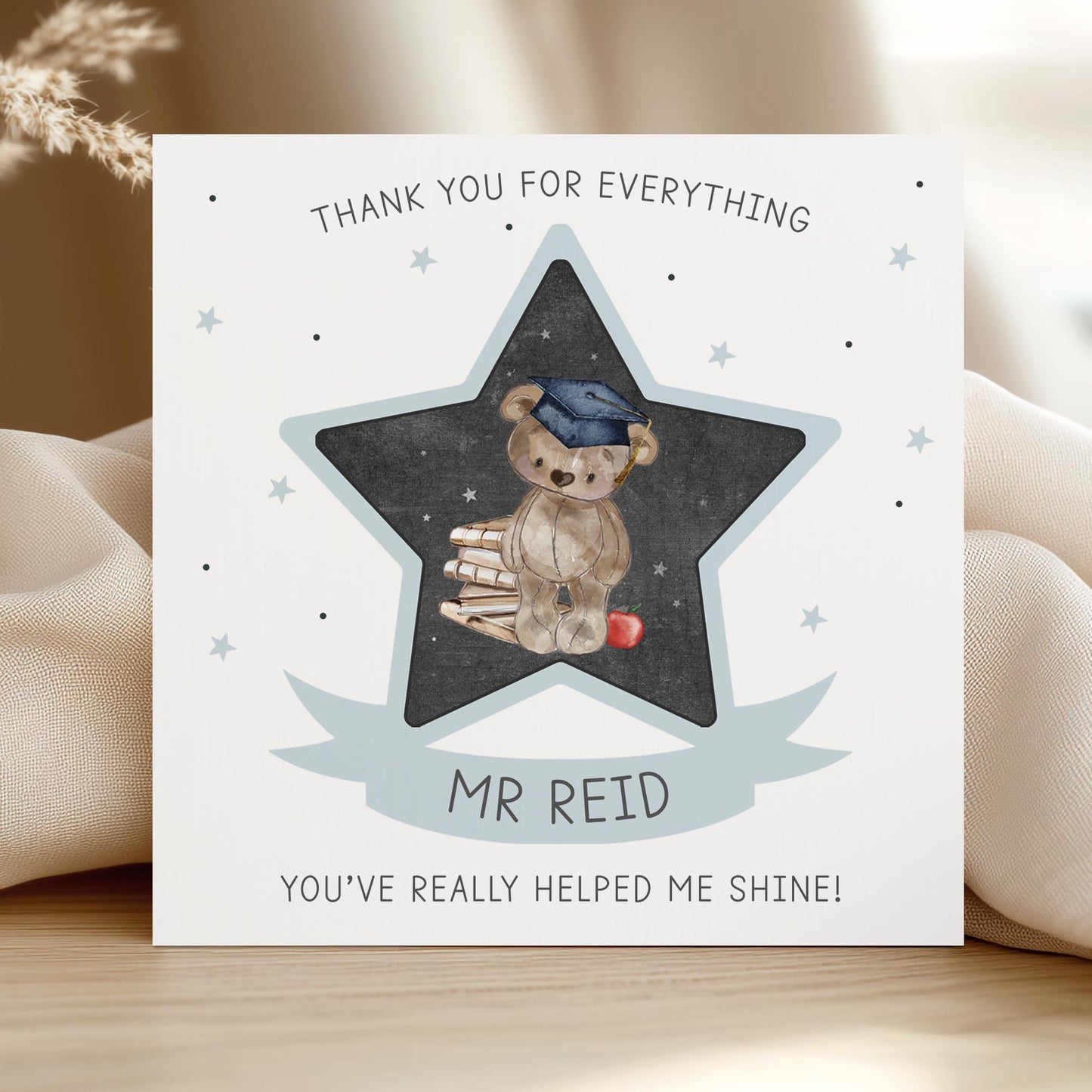 Personalised Blue Bear Star Teacher Thank You Card