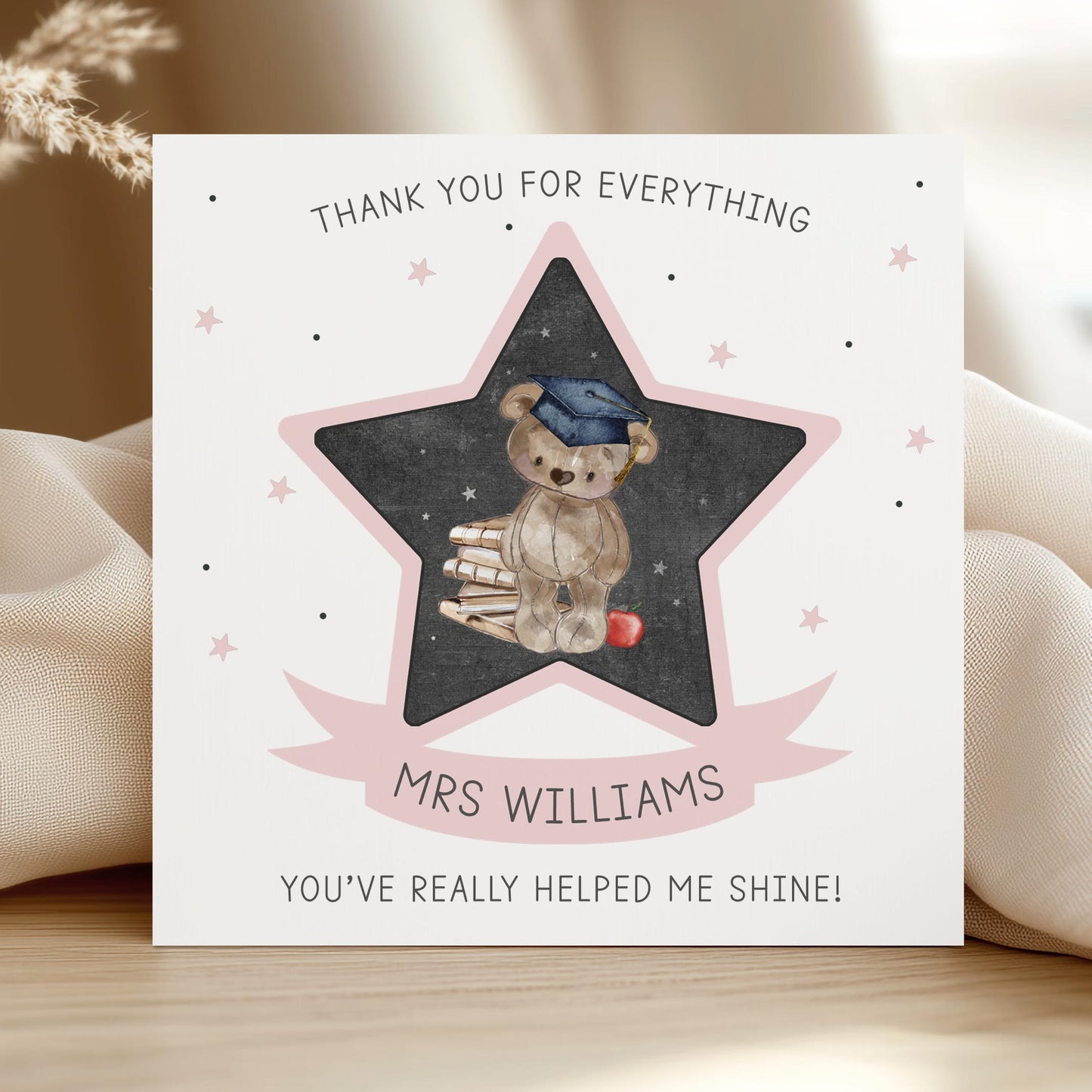 Personalised Pink Bear Star Teacher Thank You Card