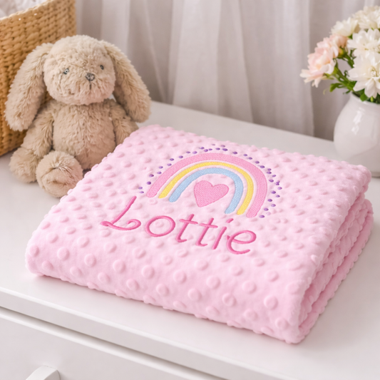Personalised Pink Rainbow Embroidered Baby Blanket