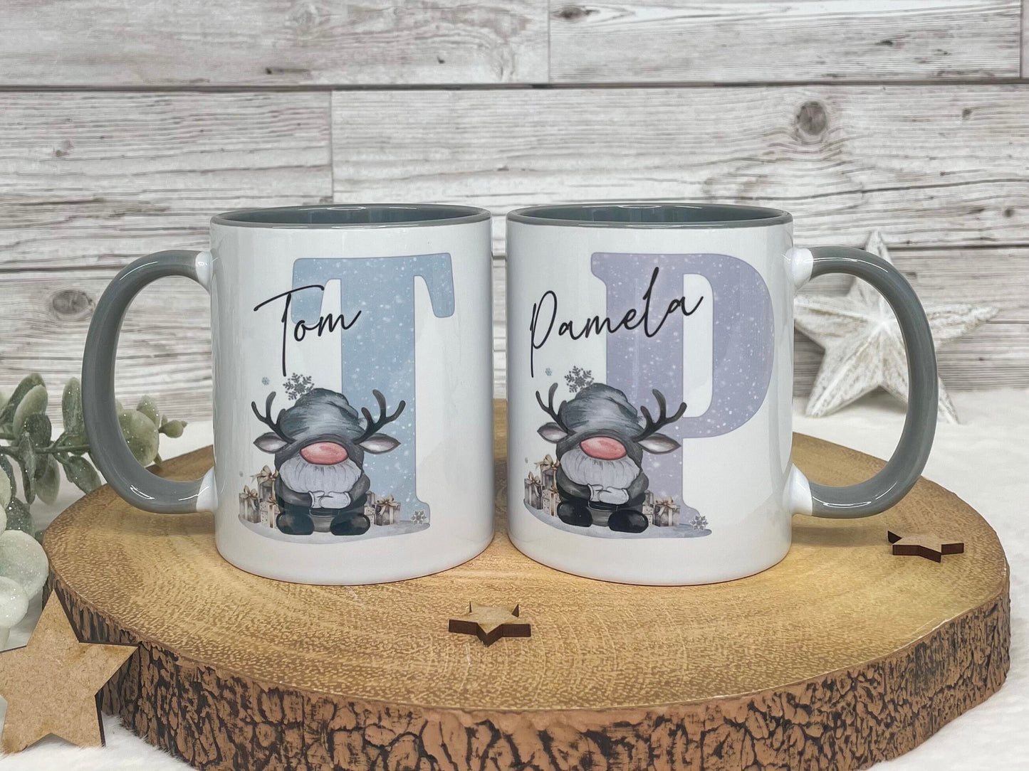 Personalised Christmas Gonk Alphabet on Grey Handled Mug, Christmas Movie Mug, Hot Chocolate Mug, Grey Christmas Gonk Mug for Him and Her