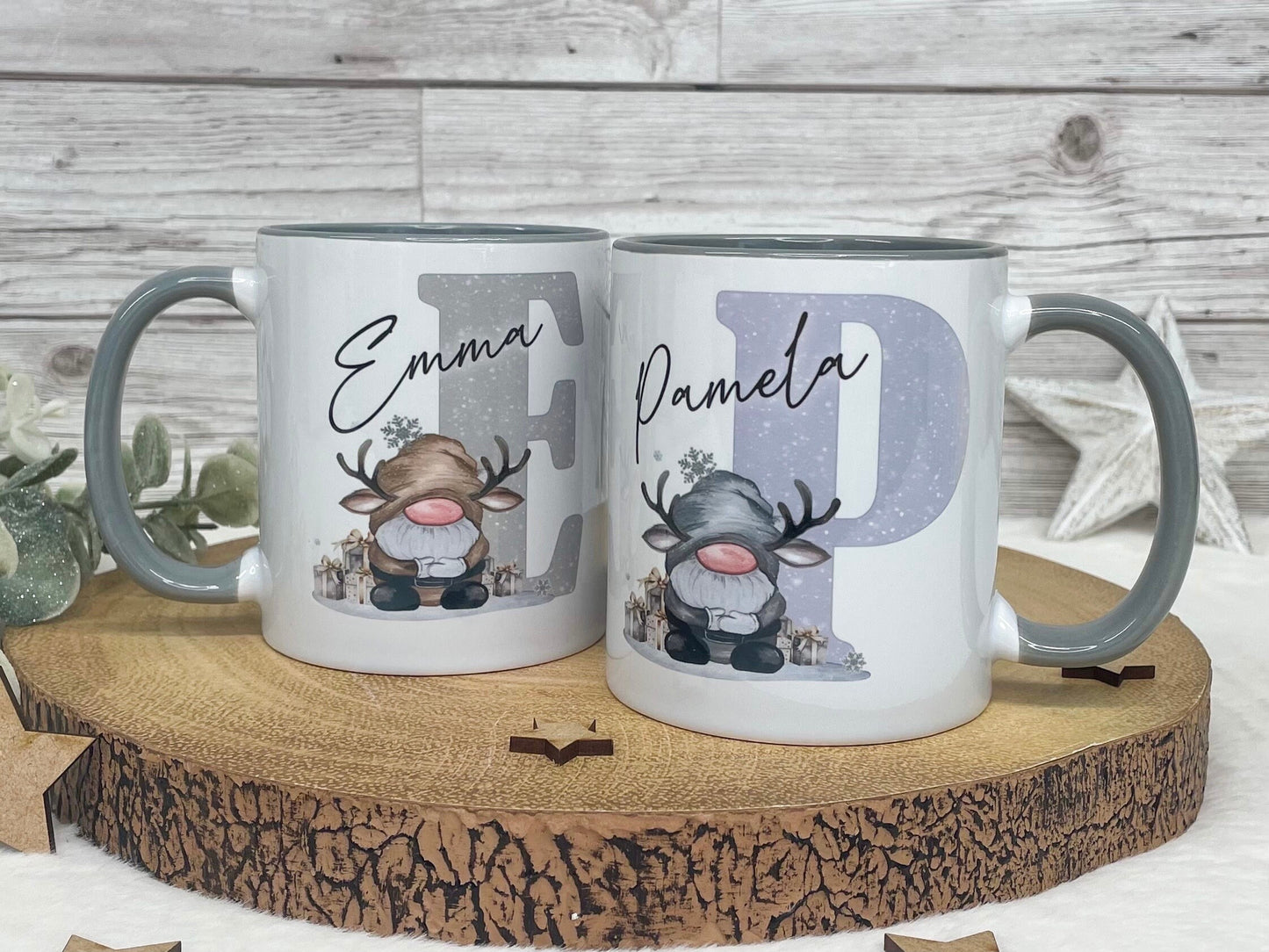 Personalised Christmas Gonk Alphabet on Grey Handled Mug, Christmas Movie Mug, Hot Chocolate Mug, Grey Christmas Gonk Mug for Him and Her