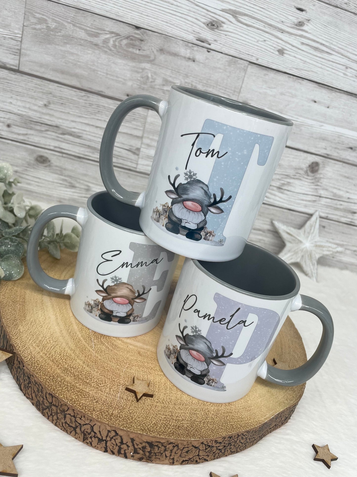 Personalised Christmas Gonk Alphabet on Grey Handled Mug, Christmas Movie Mug, Hot Chocolate Mug, Grey Christmas Gonk Mug for Him and Her