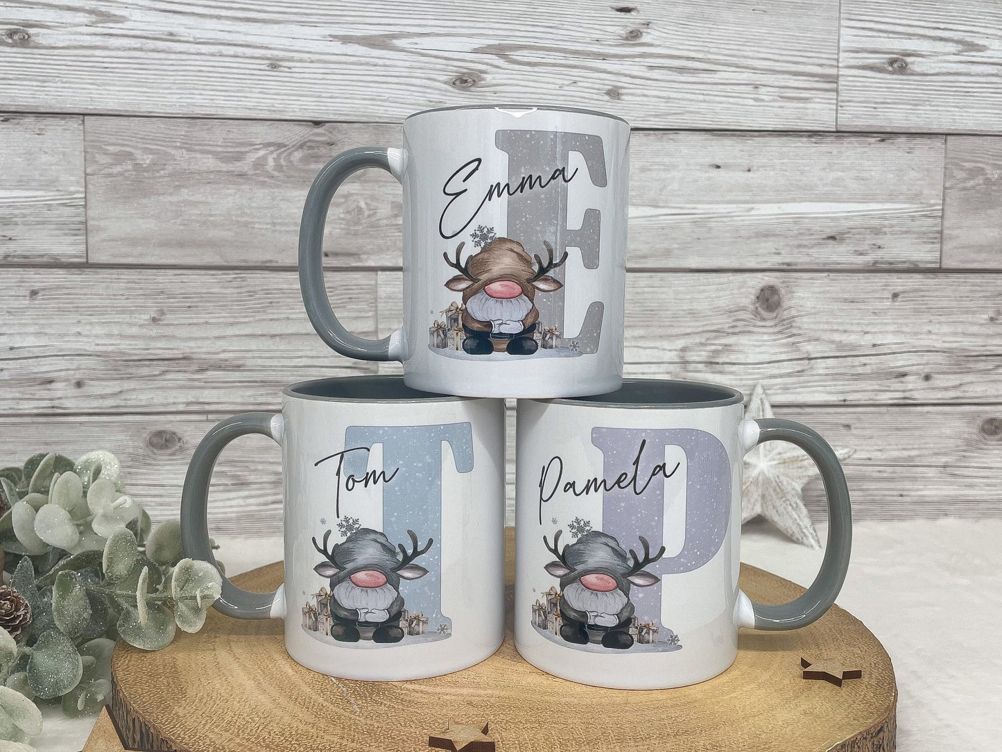 Personalised Christmas Gonk Alphabet on Grey Handled Mug, Christmas Movie Mug, Hot Chocolate Mug, Grey Christmas Gonk Mug for Him and Her