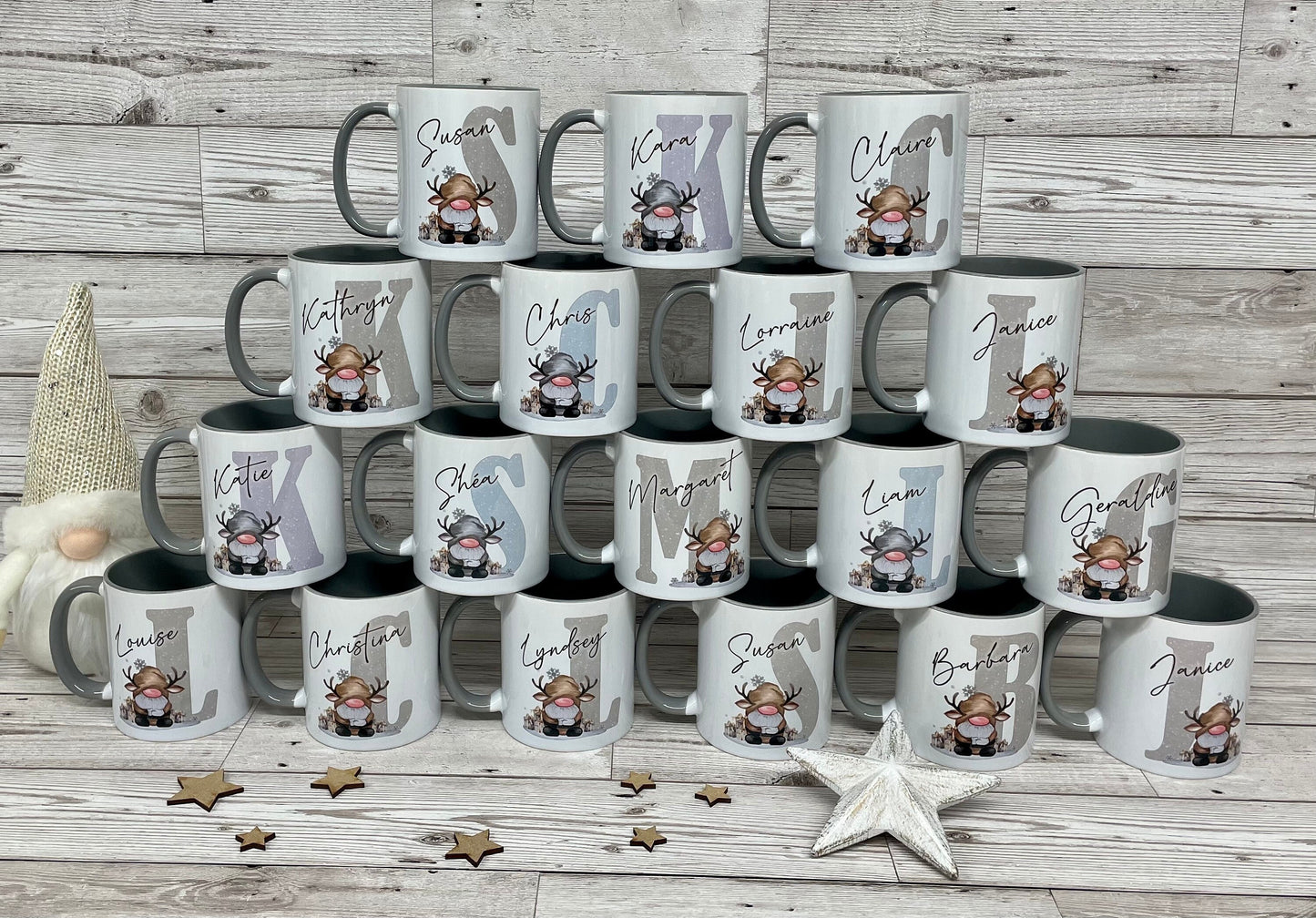 Personalised Christmas Gonk Alphabet on Grey Handled Mug, Christmas Movie Mug, Hot Chocolate Mug, Grey Christmas Gonk Mug for Him and Her