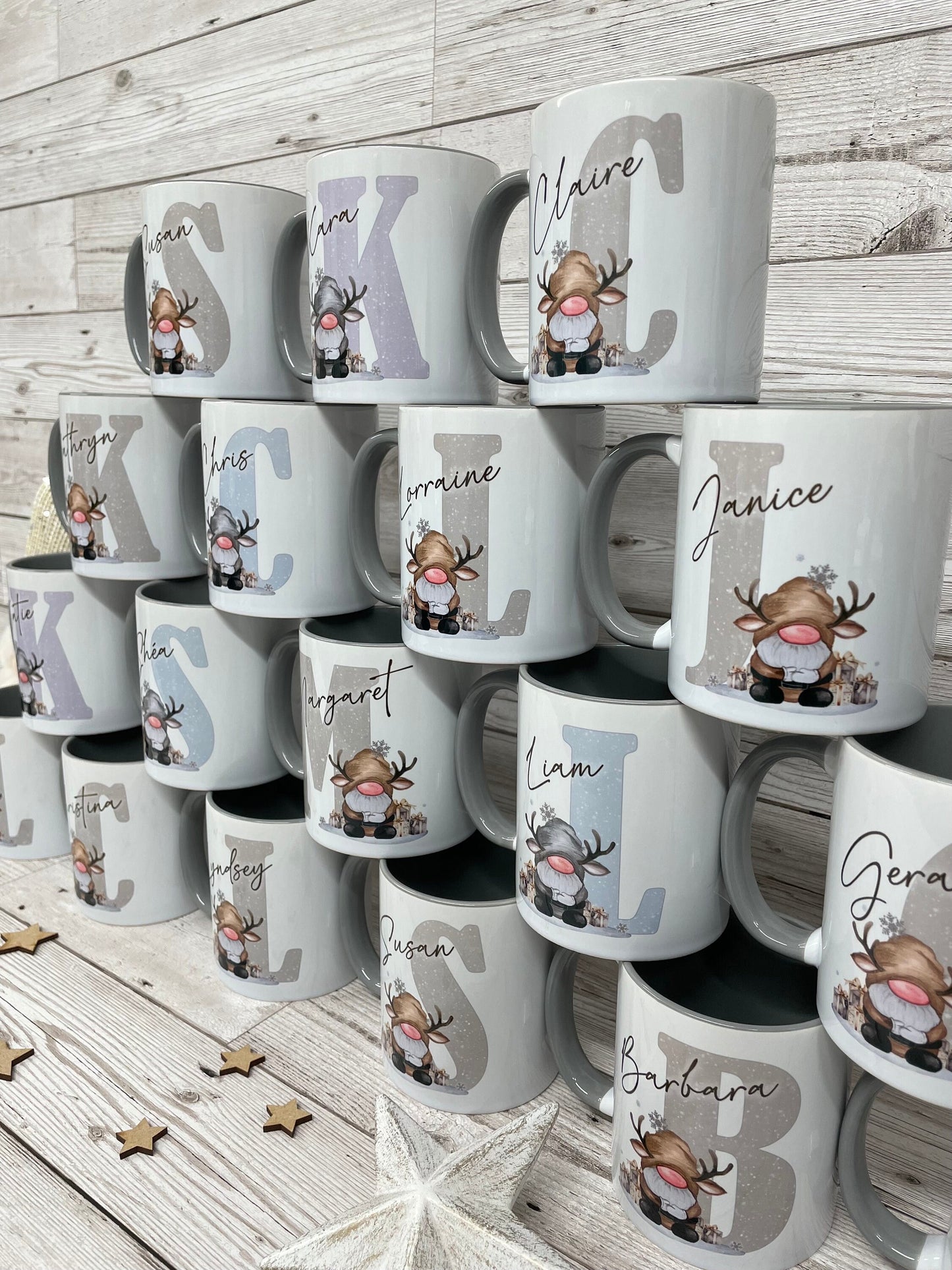 Personalised Christmas Gonk Alphabet on Grey Handled Mug, Christmas Movie Mug, Hot Chocolate Mug, Grey Christmas Gonk Mug for Him and Her