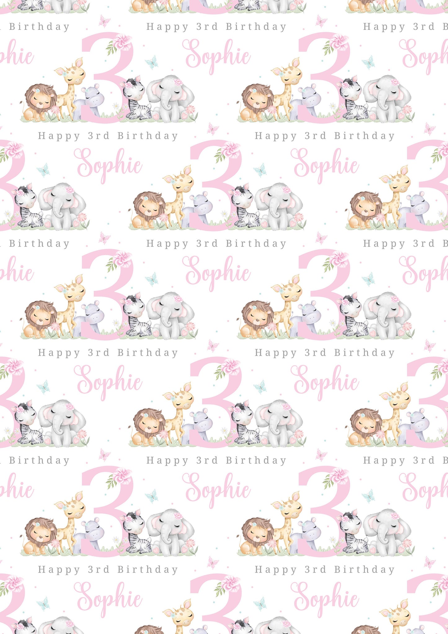 Personalised Girl's Safari Animals Birthday Gift Wrapping Paper