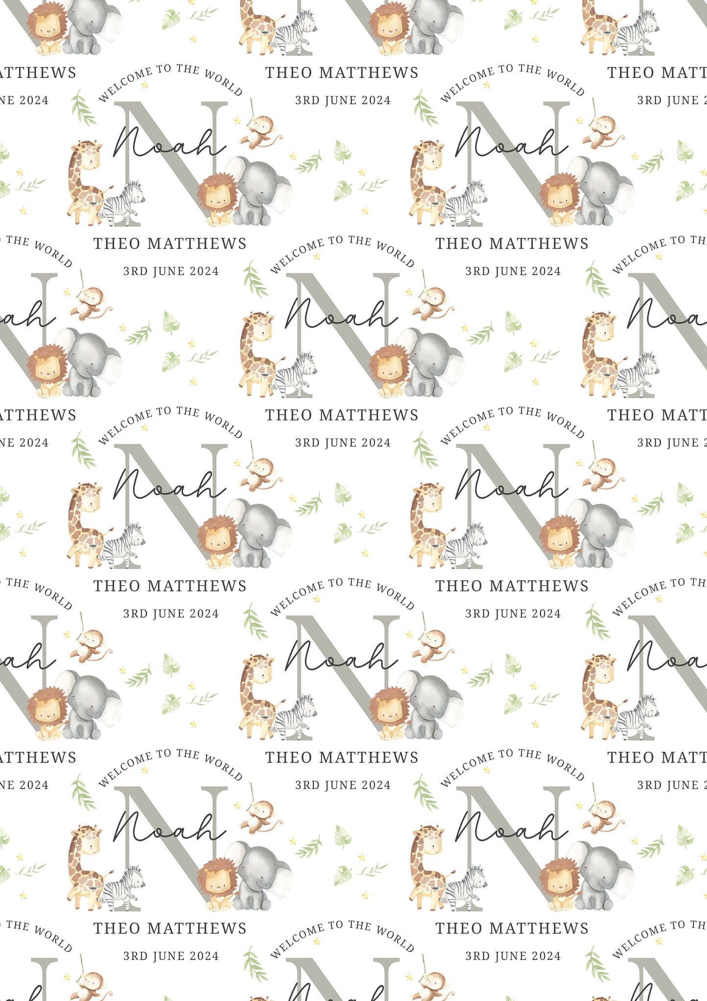 Personalised New Baby Boy, Baby Girl Safari Wrapping Paper | Welcome to the World Baby Boy, Baby Girl Gift Wrap with Name and Birth Date