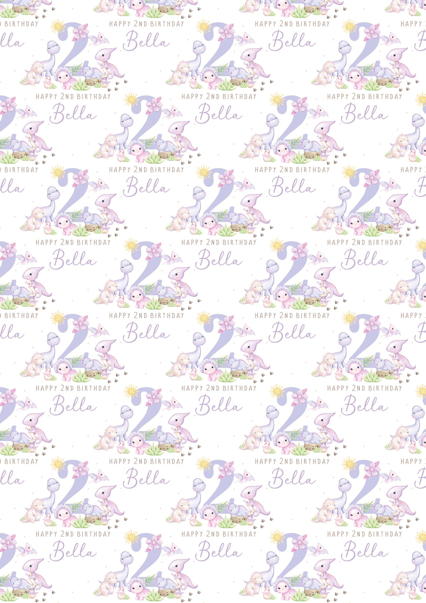 Girl's Dinosaurs Birthday Gift Wrapping Paper, Personalised 2nd, 3rd, 4th Any Age Birthday Gift Wrap Card for Daughter, Granddaughter, Girls