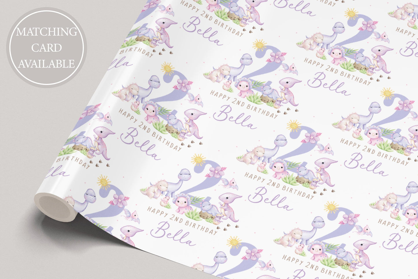 Girl's Dinosaurs Birthday Gift Wrapping Paper, Personalised 2nd, 3rd, 4th Any Age Birthday Gift Wrap Card for Daughter, Granddaughter, Girls