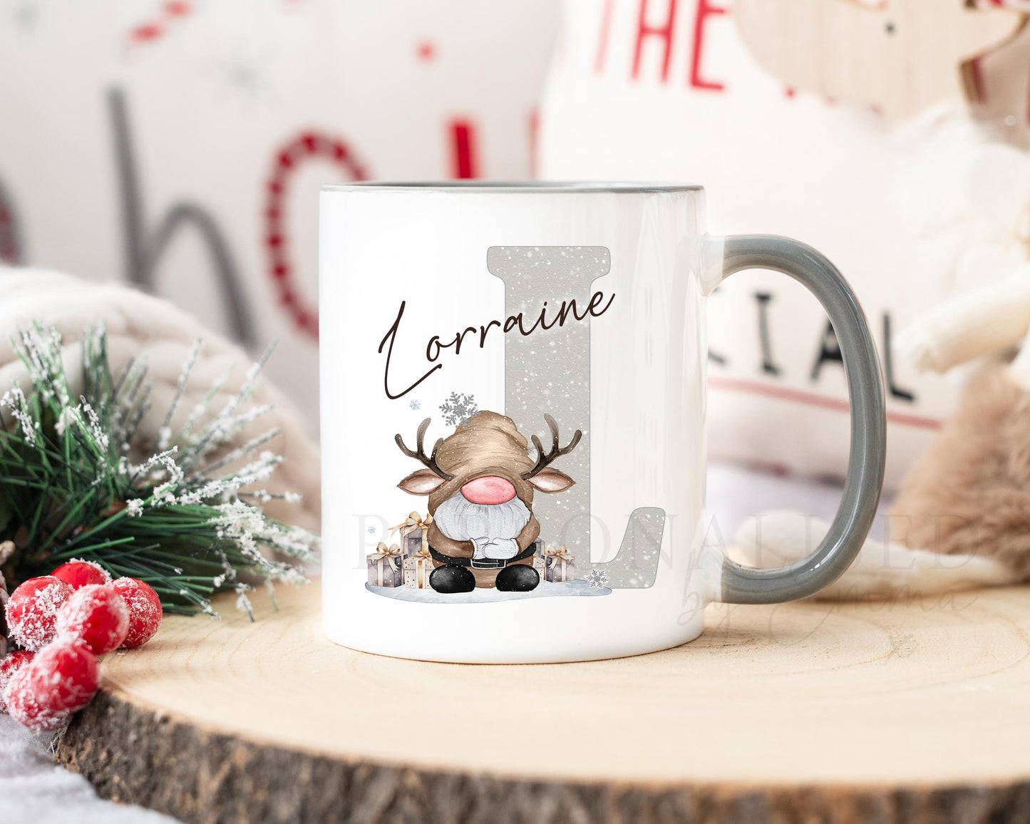 Personalised Christmas Gonk Alphabet on Grey Handled Mug, Christmas Movie Mug, Hot Chocolate Mug, Grey Christmas Gonk Mug for Him and Her