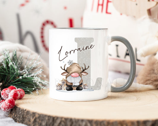 Personalised Christmas Gonk Alphabet on Grey Handled Mug, Christmas Movie Mug, Hot Chocolate Mug, Grey Christmas Gonk Mug for Him and Her