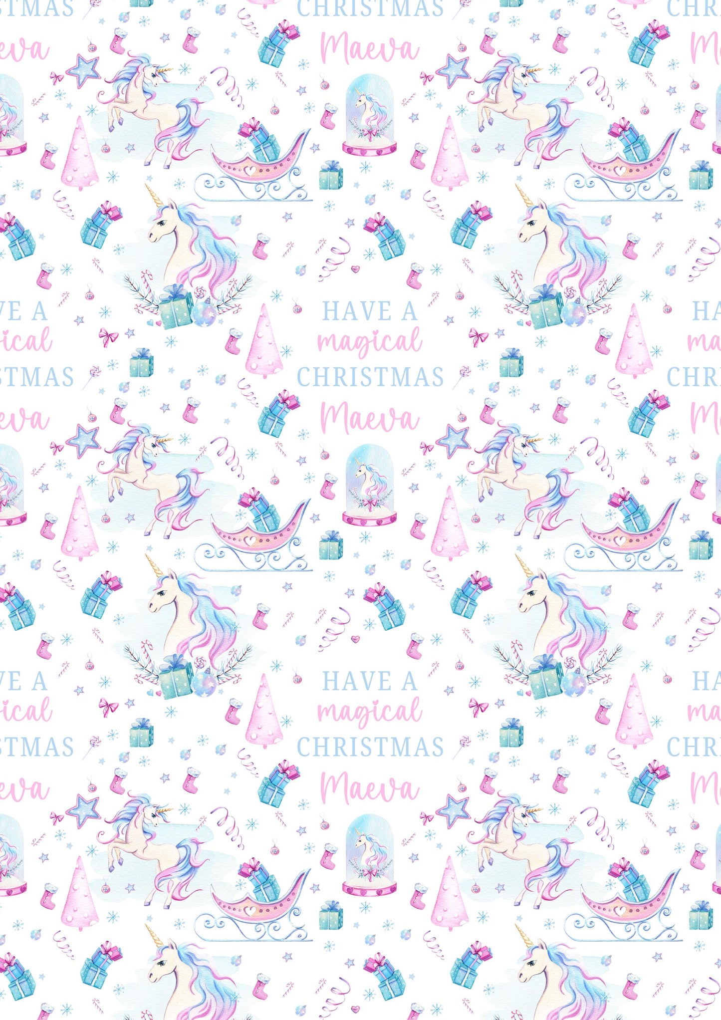Girl's Christmas Gift Wrapping Paper, Personalised Girl's Christmas Wrapping Paper, Unicorn Christmas Gift Wrap for Her, Magical Christmas