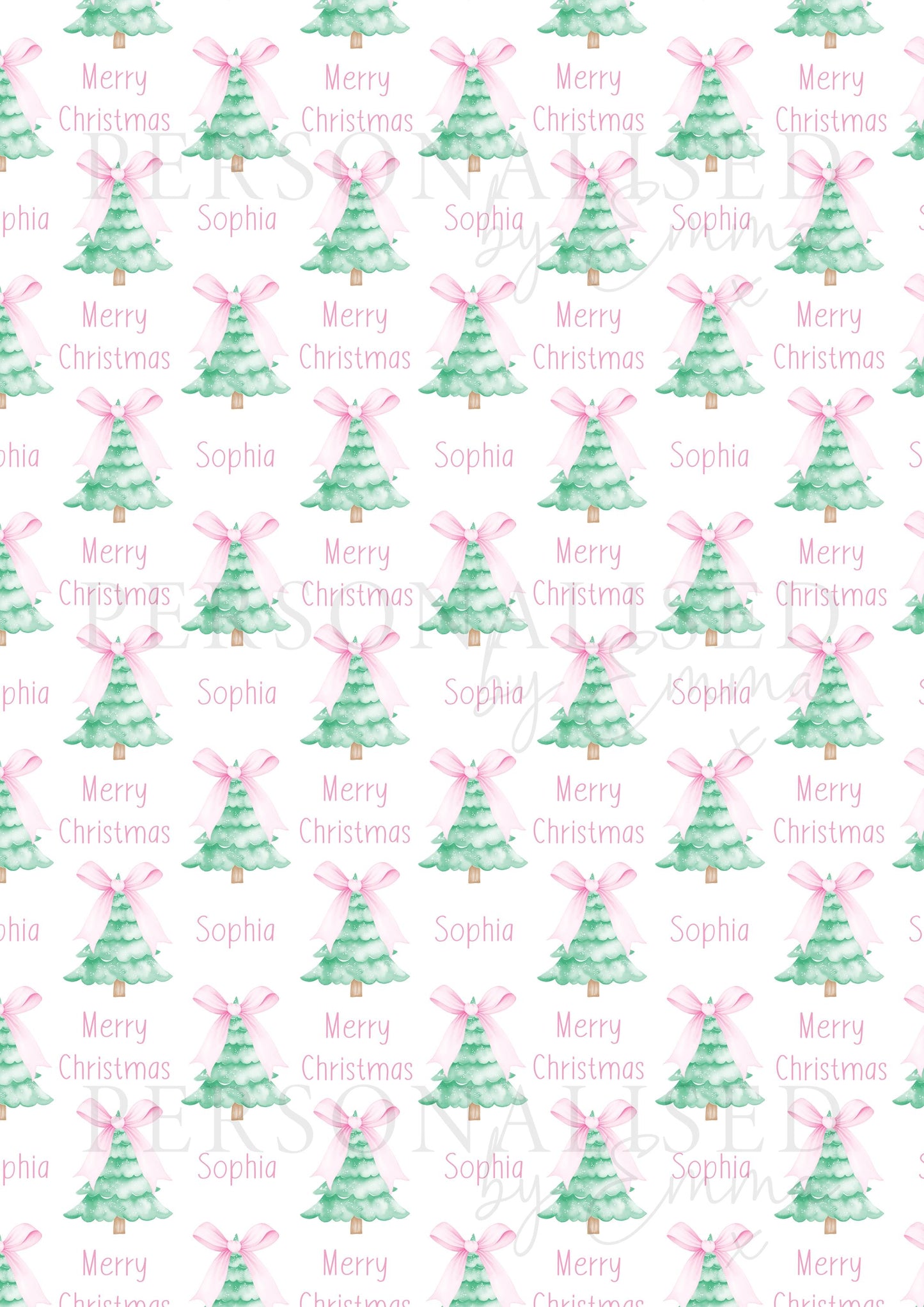 Christmas Gift Wrapping Paper for Her, Personalised Xmas Wrapping Paper for Mum, Daughter, Granddaughter, Sister, Friend, Xmas Tree Pink Bow