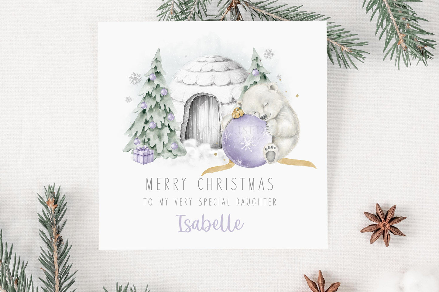 Girl's Christmas Gift Wrapping Paper, Personalised Girl's Polar Bear Xmas Wrapping Paper for Daughter, Granddaughter, Lilac Xmas Gift Wrap