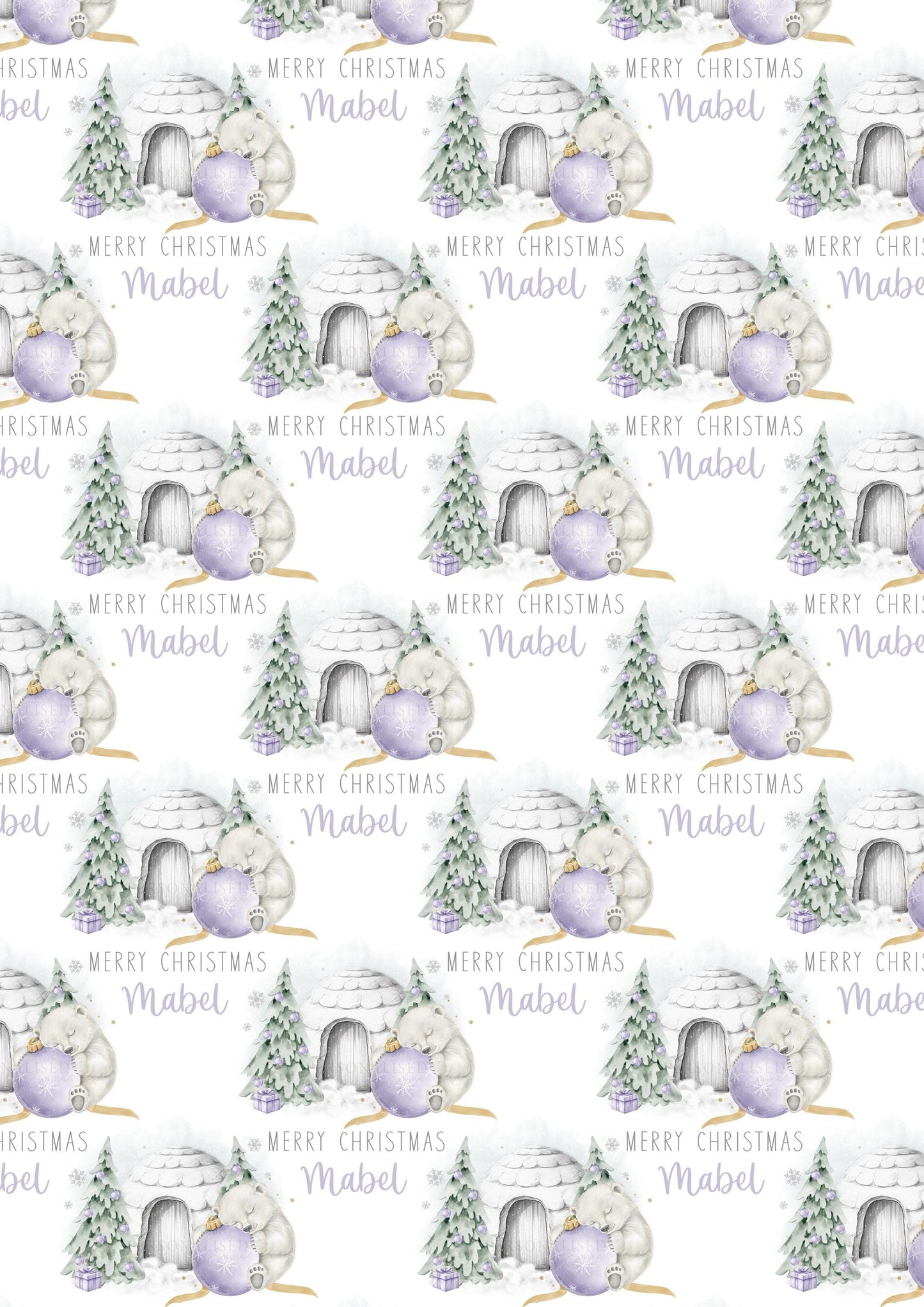 Girl's Christmas Gift Wrapping Paper, Personalised Girl's Polar Bear Xmas Wrapping Paper for Daughter, Granddaughter, Lilac Xmas Gift Wrap