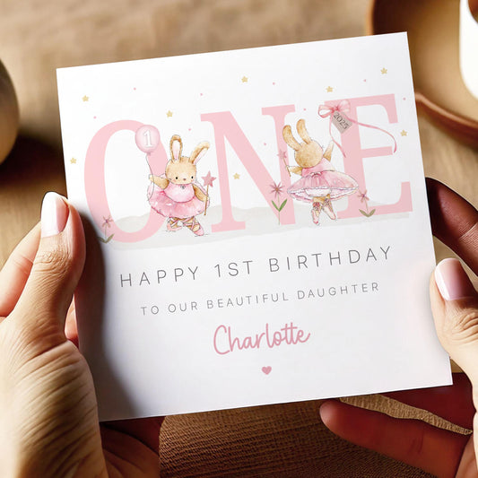 Girl's First Birthday Card, Personalised 1st Birthday Card for Daughter, Granddaughter, Sister, Goddaughter, Niece, Pink Ballerina Bunny