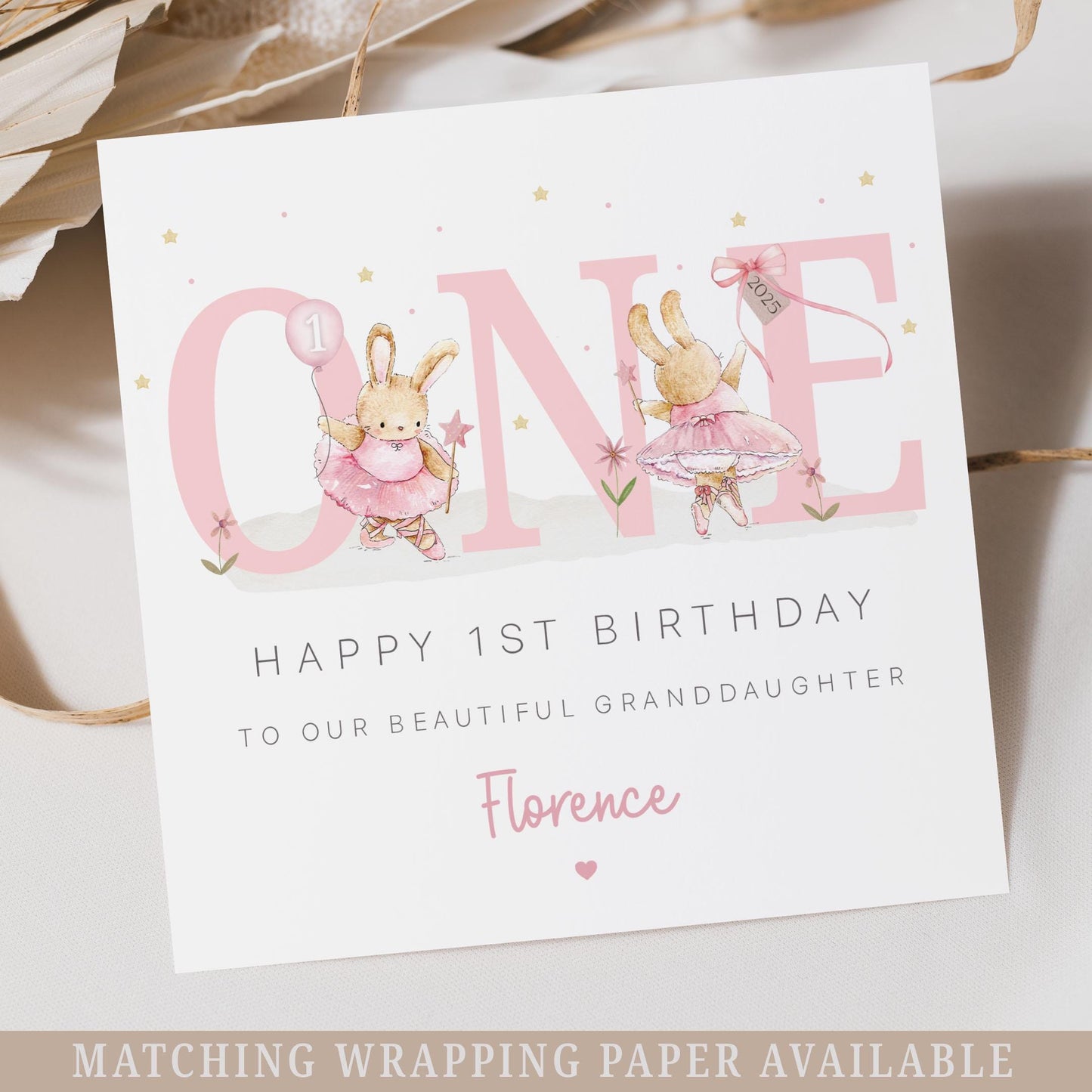 Girl's First Birthday Card, Personalised 1st Birthday Card for Daughter, Granddaughter, Sister, Goddaughter, Niece, Pink Ballerina Bunny