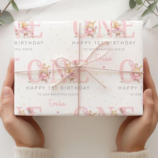 Girl's First Birthday Gift Wrapping Paper, Personalised 1st Birthday Gift Wrap for Daughter, Granddaughter, Niece, Pink Ballerina Bunny
