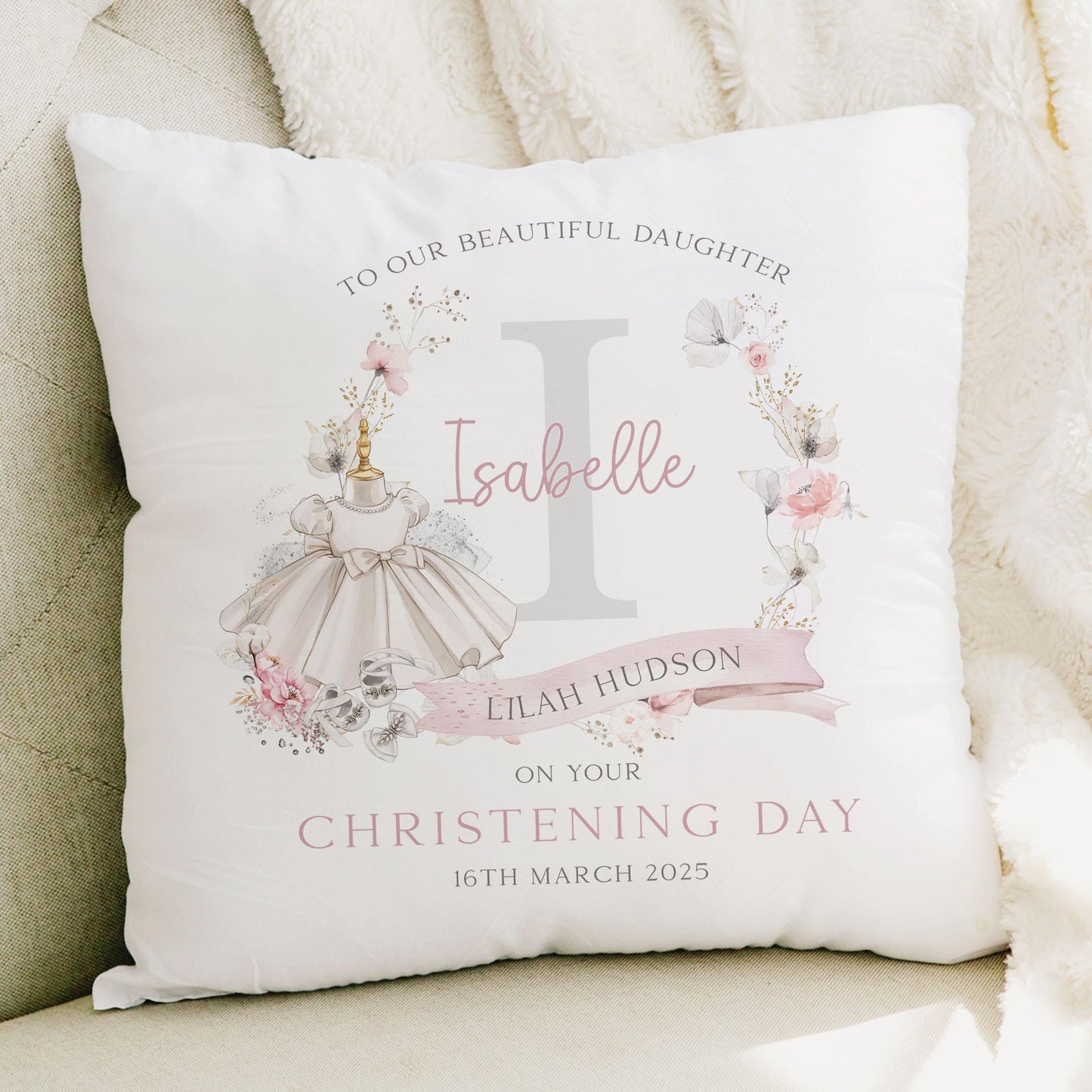 Personalised Christening Gift, Baptism Gift, Christening Cushion for Girls, Christening Gift for Granddaughter, Goddaughter, Godparent Gift