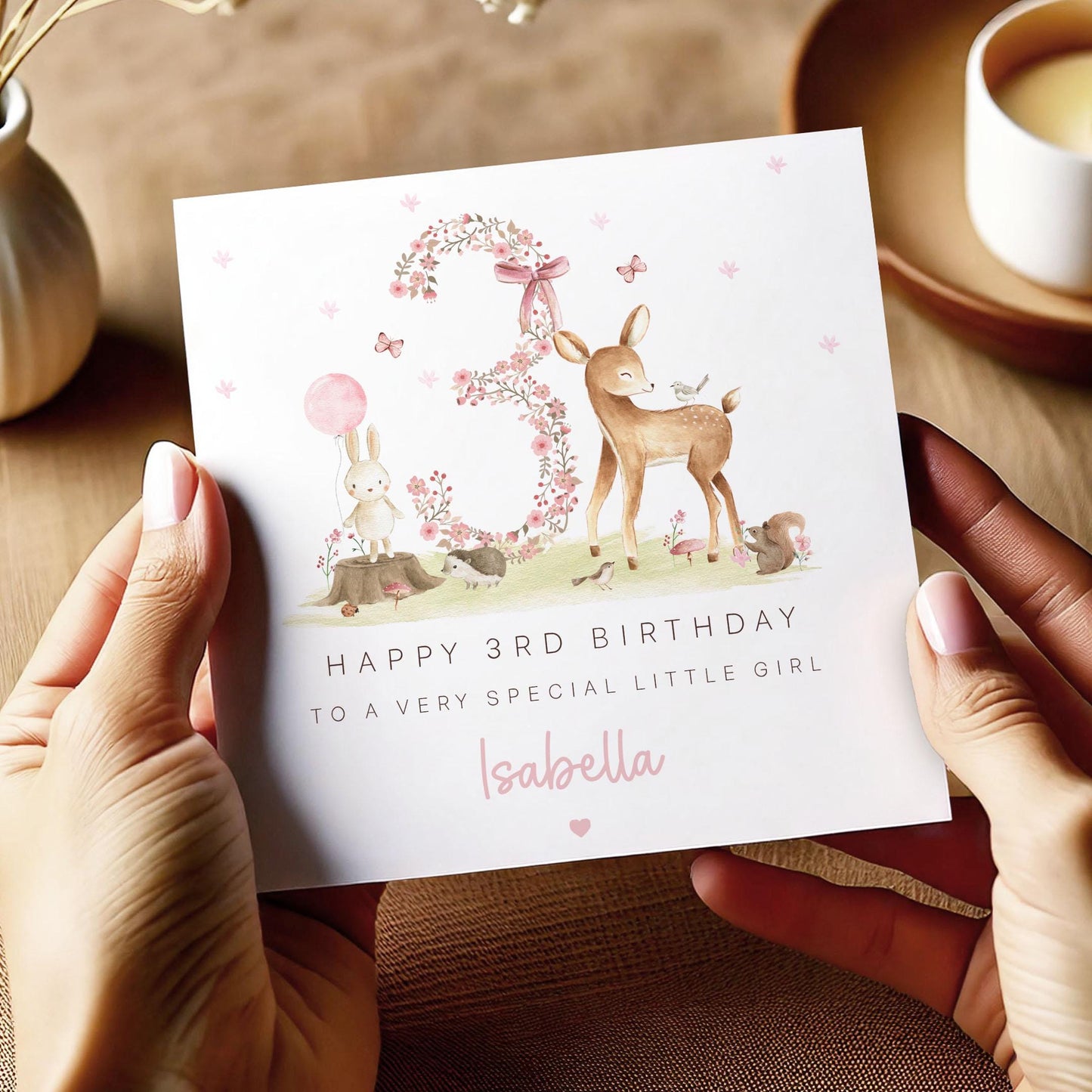 Girl's Birthday Card, Personalised 3rd, 4th, 5th, 6th Any Age Birthday Card for Daughter, Granddaughter, Goddaughter, Niece, Woodland Theme