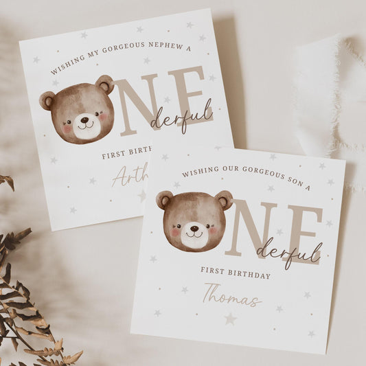 Boy's First Birthday Card, Personalised 1st Birthday Card for Son, Grandson, Nephew, Godson, Special Little Boy, Teddy Bear Onederful Card