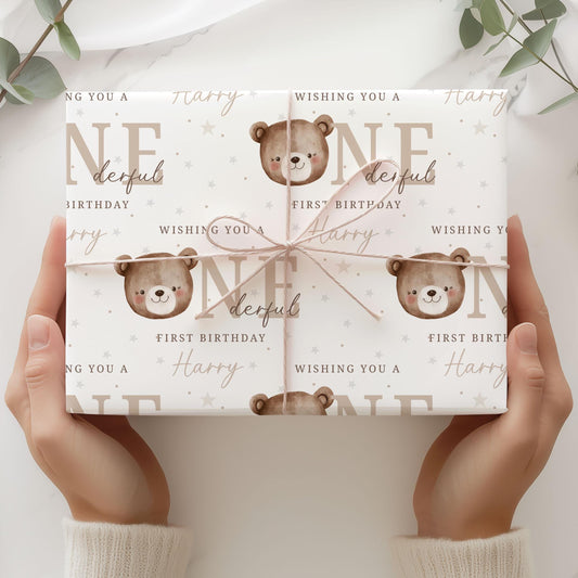 Teddy Bear First Birthday Gift Wrapping Paper, Personalised 1st Birthday Gift Wrap and Card for Son, Grandson, Nephew, Godson, Little Boy