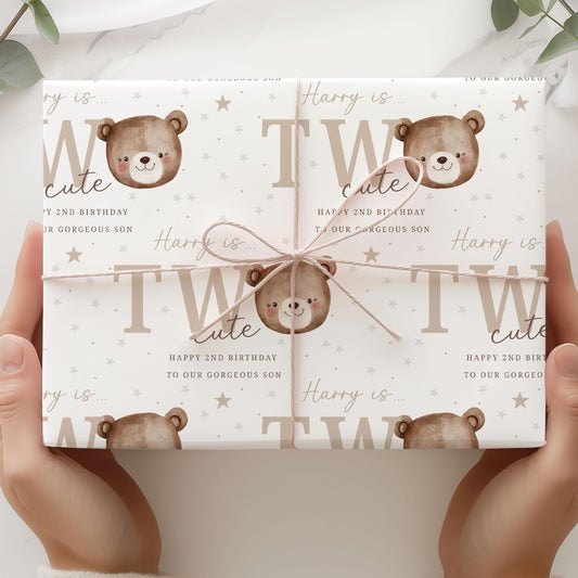 Second Birthday Gift Wrapping Paper, Personalised 2nd Birthday Gift Wrap & Card for Son, Grandson, Nephew, Godson, Boys, Teddy Bear Two Cute