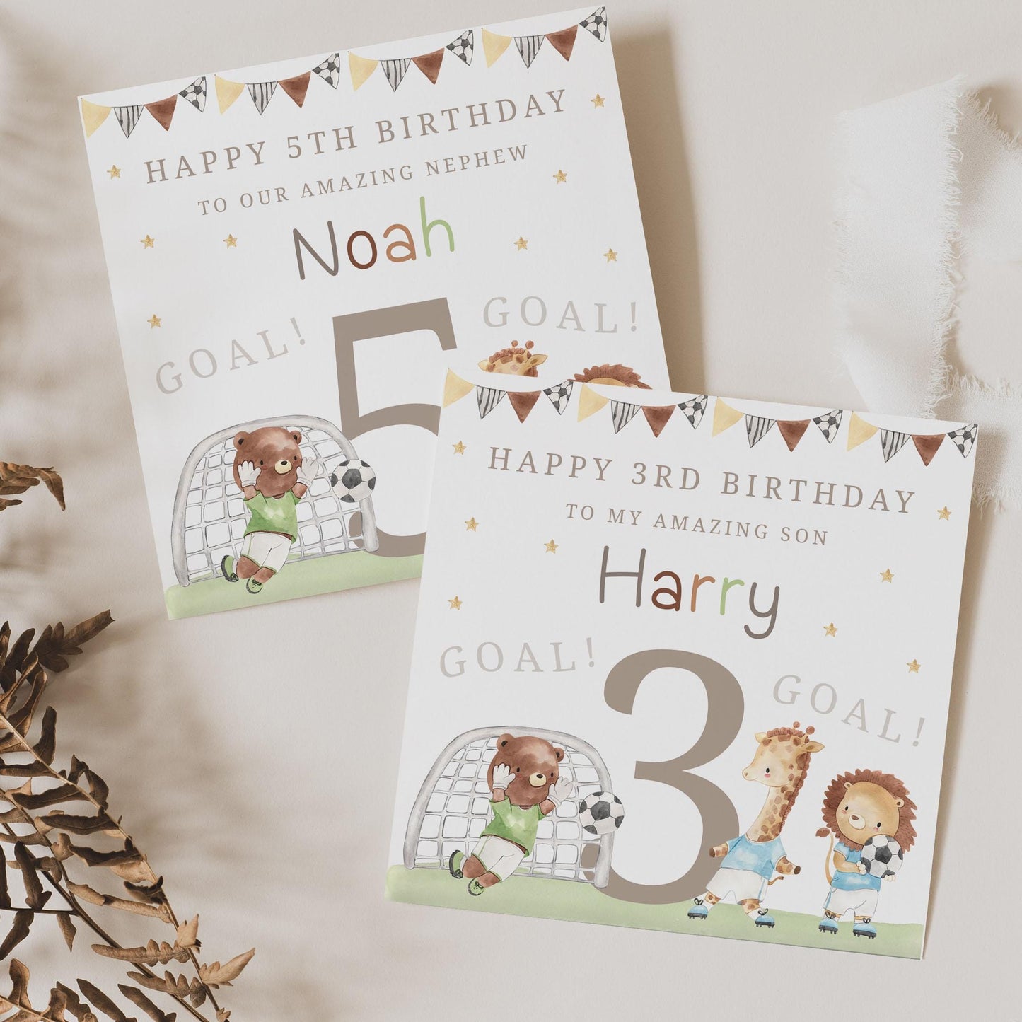 Boy's Football Birthday Card, Personalised 2nd Birthday Card, 3rd, 4th Any Age Birthday Card for Son, Grandson, Nephew, Boys, Lion, Giraffe