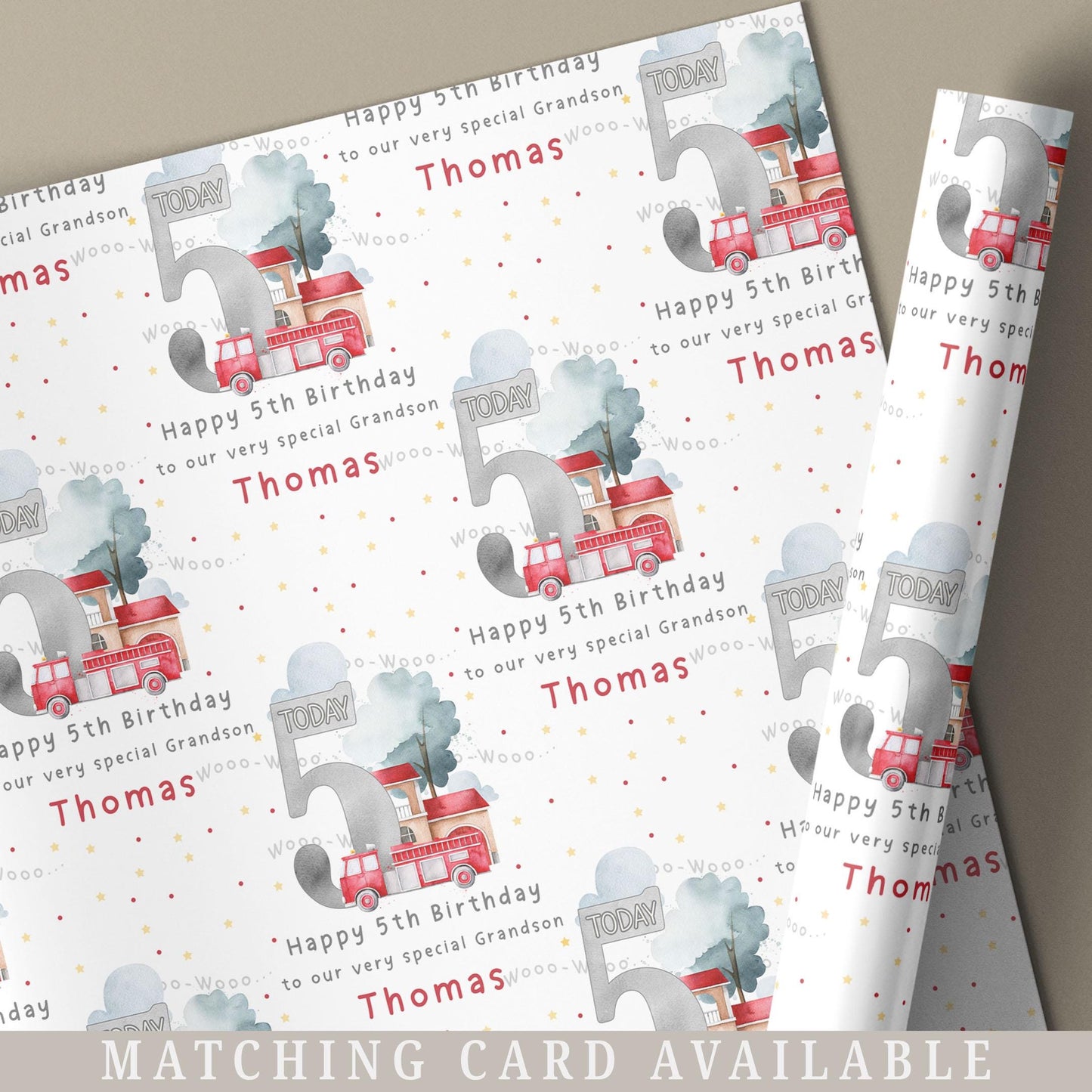 Fire Engine Birthday Gift Wrapping Paper, Personalised 2nd, 3rd, 4th Any Age Fire Engine Birthday Gift Wrap & Card for Son, Grandson, Nephew