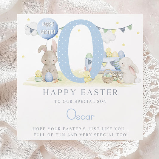 Boy's Easter Card, Personalised Happy Easter Card for Son, Grandson, Great Grandson, Nephew, for Boys, Easter Bunny Card and Gift Wrap