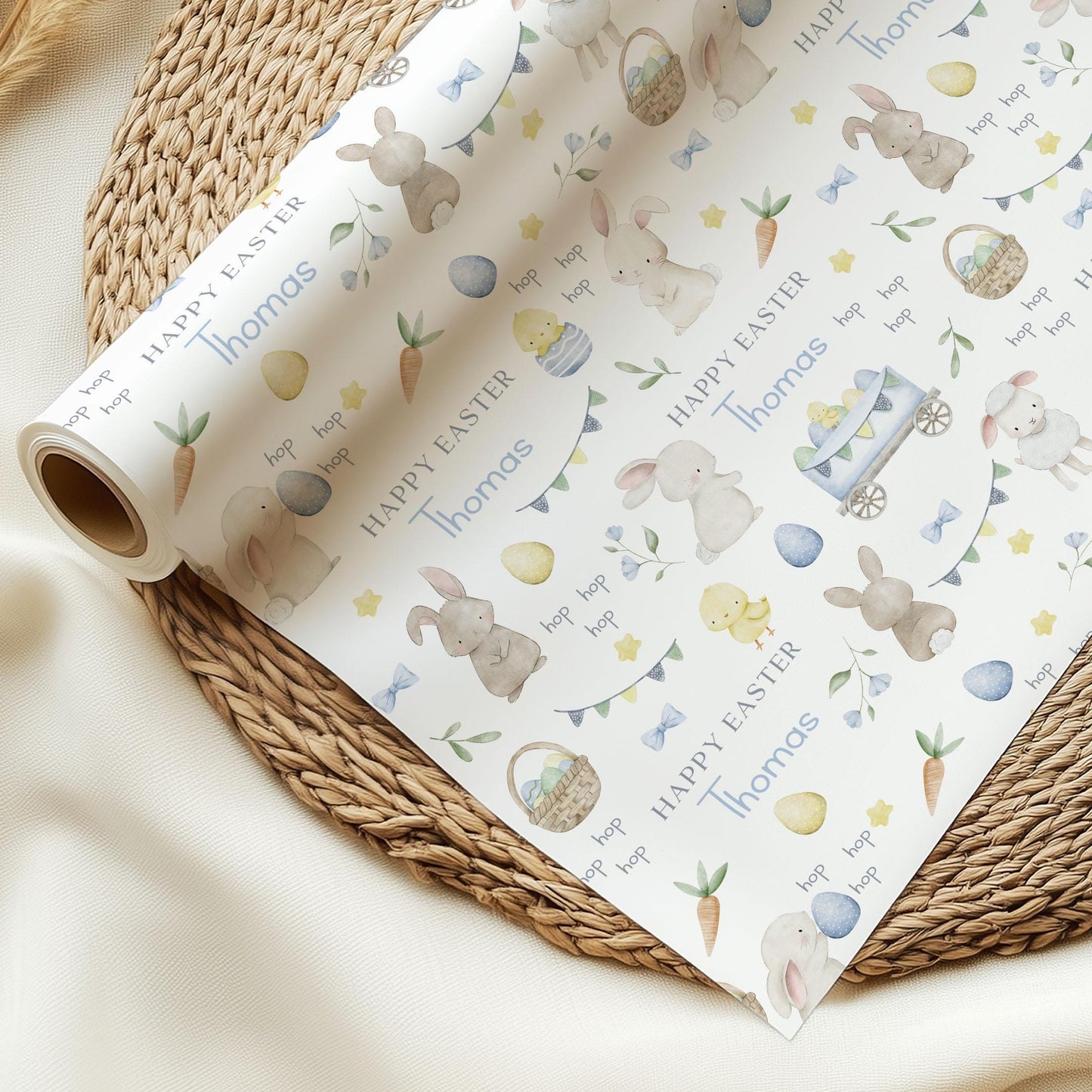 Boy's Easter Gift Wrapping Paper, Personalised Easter Gift Wrap for Son, Grandson, Great Grandson, Nephew, Happy Easter Cute Bunny Gift Wrap
